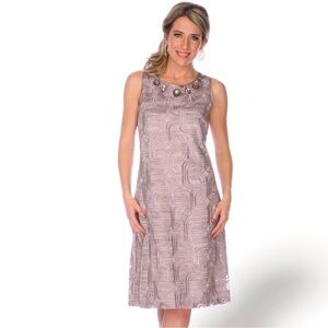 JESSICA HOWARD Metallic Taupe Geometric Ribbon Mesh Jeweled Dress Size 12